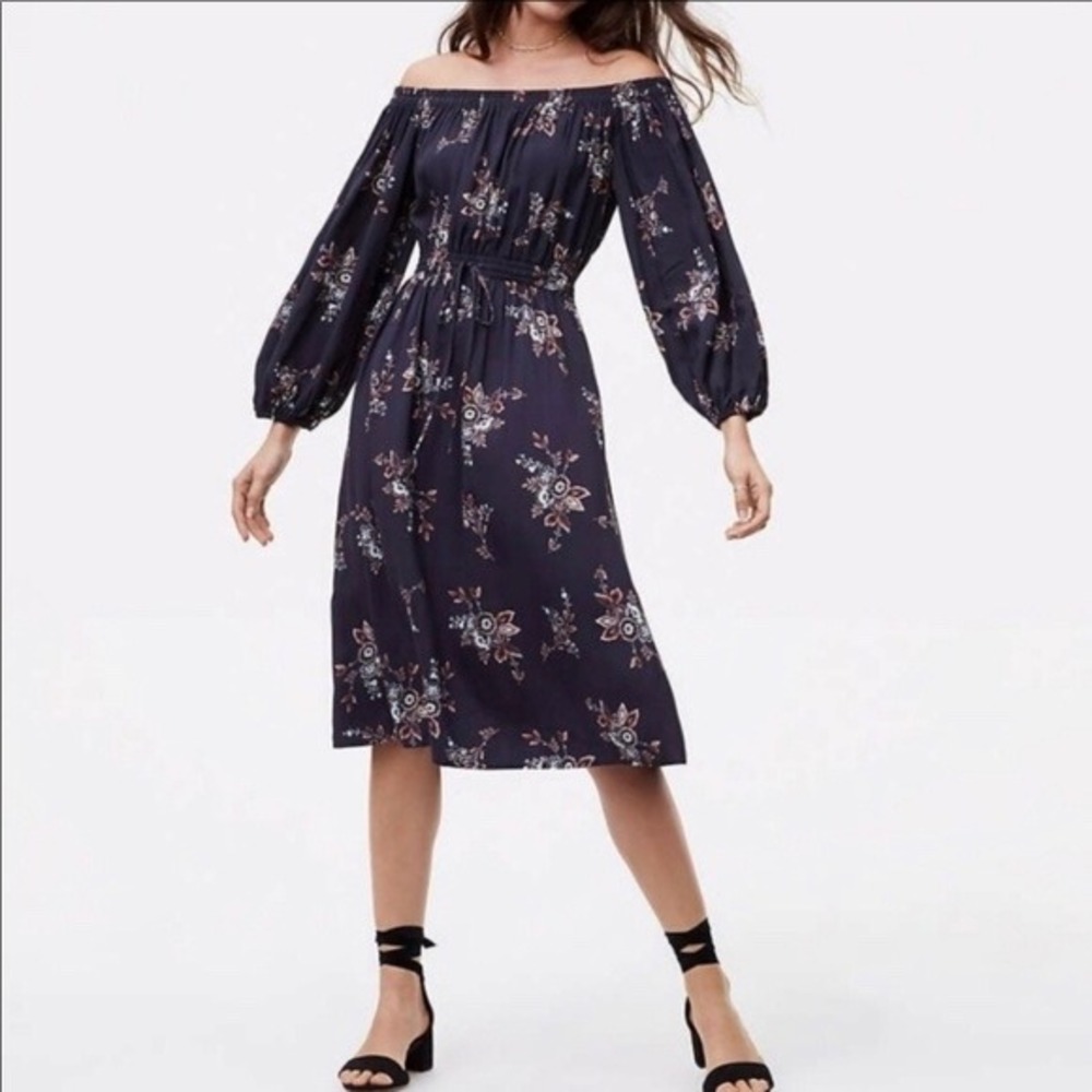 LOFT Navy Floral Off-Shoulder Midi Dress